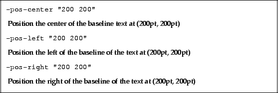 \begin{framed}
\small\verb!-pos-center ''200 200''!
\par
\vspace{2.5mm}
\noind...
...sition the right of the baseline of the text at (200pt, 200pt)
\par
\end{framed}