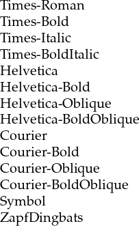 TTimim eess-R-B oomldan
Tim es-Italic
Tim es-B oldItalic
Helvetica
Helvetica-B old
Helvetica-O blique
Helvetica-B oldO blique
Courier
Courier-Bold
Courier-Obliq ue
Courier-BoldObliqu e
Symb ol
ZapfDingbats  