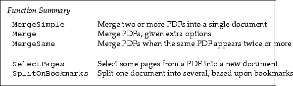 \begin{framed}
\noindent\textit{Function Summary}\\ [2mm]
\noindent\begin{tabula...
... Split one document into several, based upon bookmarks
\end{tabular}\end{framed}
