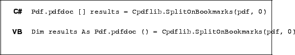 \begin{framed}
\noindent\begin{tabular}{rl}
\small\sffamily\textbf{C\char93 } &
...
...dflib.SplitOnBookmarks(pdf, 0)!
\end{minipage}\\ [5mm]
\end{tabular}\end{framed}