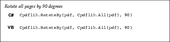 \begin{framed}
\noindent\textit{Rotate all pages by 90 degrees}
\par
\vspace{2mm...
...eBy(pdf, Cpdflib.All(pdf), 90)!
\end{minipage}\\ [5mm]
\end{tabular}\end{framed}