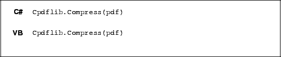\begin{framed}
\noindent\begin{tabular}{rl}
\small\sffamily\textbf{C\char93 } &
...
...all\verb!Cpdflib.Compress(pdf)!
\end{minipage}\\ [5mm]
\end{tabular}\end{framed}