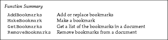 \begin{framed}
\noindent\textit{Function Summary}\\ [2mm]
\noindent\begin{tabula...
...rb!RemoveBookmarks! & Remove bookmarks from a document
\end{tabular}\end{framed}
