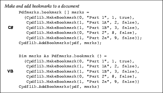 \begin{framed}
\noindent\textit{Make and add bookmarks to a document}
\par
\vspa...
...dflib.AddBookmarks(pdf, marks)!
\end{minipage}\\ [5mm]
\end{tabular}\end{framed}