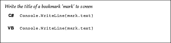 \begin{framed}
\noindent\textit{Write the title of a bookmark 'mark' to screen}
...
...b!Console.WriteLine(mark.text)!
\end{minipage}\\ [5mm]
\end{tabular}\end{framed}