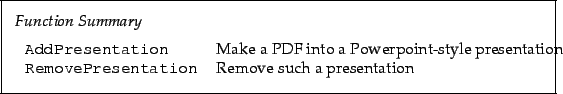 \begin{framed}
\noindent\textit{Function Summary}\\ [2mm]
\noindent\begin{tabula...
...\verb!RemovePresentation! & Remove such a presentation
\end{tabular}\end{framed}