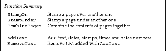 \begin{framed}
\noindent\textit{Function Summary}\\ [2mm]
\noindent\begin{tabula...
...rb!RemoveText! & Remove text added with \verb!AddText!
\end{tabular}\end{framed}