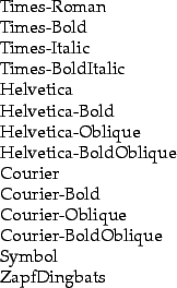 \begin{ctabular}{l}
Times-Roman\\
Times-Bold\\
Times-Italic\\
Times-BoldI...
...rier-Oblique\\
Courier-BoldOblique\\
Symbol\\
ZapfDingbats
\end{ctabular}