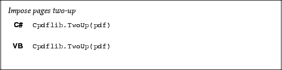 \begin{framed}
\noindent\textit{Impose pages two-up}
\par
\vspace{2mm}
\noindent...
...\small\verb!Cpdflib.TwoUp(pdf)!
\end{minipage}\\ [5mm]
\end{tabular}\end{framed}
