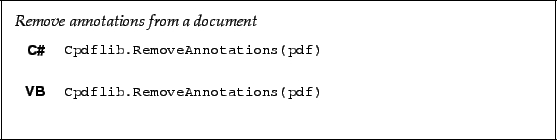 \begin{framed}
\noindent\textit{Remove annotations from a document}
\par
\vspace...
...Cpdflib.RemoveAnnotations(pdf)!
\end{minipage}\\ [5mm]
\end{tabular}\end{framed}