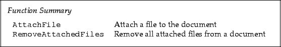 \begin{framed}
\noindent\textit{Function Summary}\\ [2mm]
\noindent\begin{tabula...
...chedFiles! & Remove all attached files from a document
\end{tabular}\end{framed}