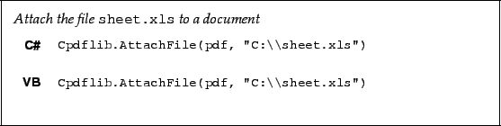 \begin{framed}
\noindent\textit{Attach the file} \verb!sheet.xls! \textit{to a d...
...hFile(pdf, ''C:\\ sheet.xls'')!
\end{minipage}\\ [5mm]
\end{tabular}\end{framed}