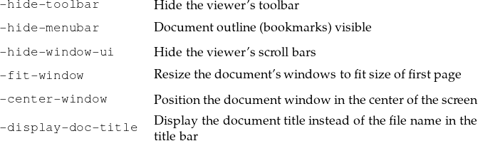 -hide-toolbar       H ide the viewer’stoolbar

-hide-menubar       D ocumentoutline (bookmarks)visible
-hide-window-ui     H ide the viewer’sscrollbars
-fit-window         R esizethe docum ent’swindowstofitsize offirstpage

-center-window      P ositionthedocumentwindow in thecenterofthescreen
                    D isplay the docum enttitleinsteadofthefilenameinthe
-display-doc-title  titlebar
