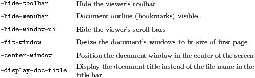 -hide-toolbar      Hide the viewer’s toolbar
-hide-menubar      Document outline (bookmarks) visible
-hide-window- ui     Hide the viewer’s scroll bars

-fit-window        Resize the document’s windows to fit size of first page
-center-window      Position thedocumentwindow inthecenterofthescreen
                  Displaythedocumenttitleinsteadofthefile name inthe
-display-doc- title  title bar
